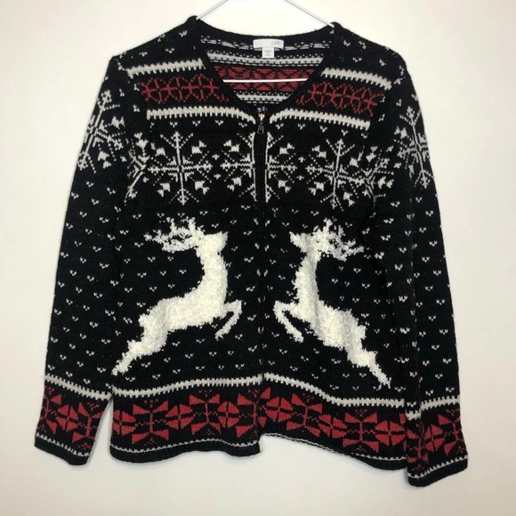 RARE J. JILL Fair Isle Christmas Wool Reindeer Sweater Zip Cardigan SP Holiday - Picture 2 of 8